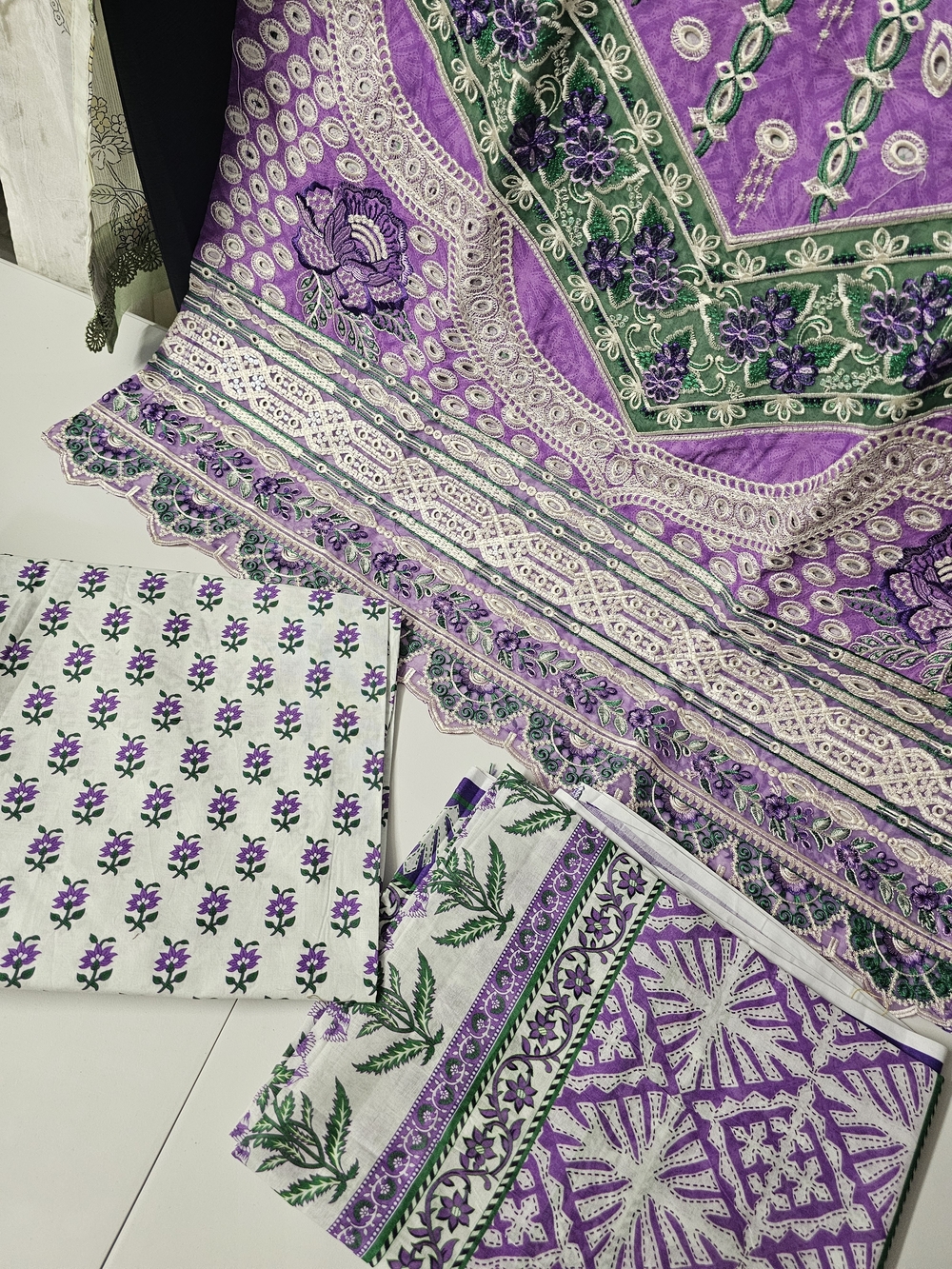 Embroidered Purple & Green Floral Fabric Set